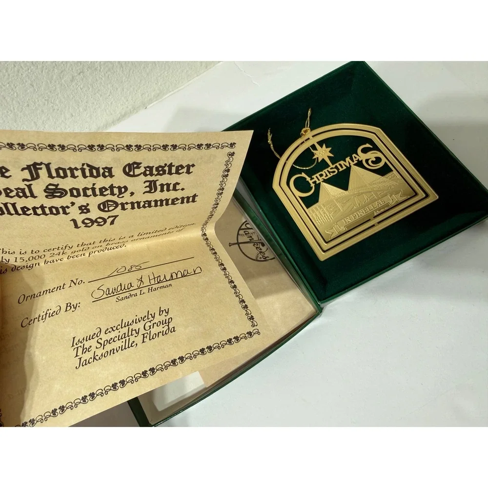 1997 Florida Easter Seal Society 24k Gold Skyway Bridge Christmas Ornament Boxed
